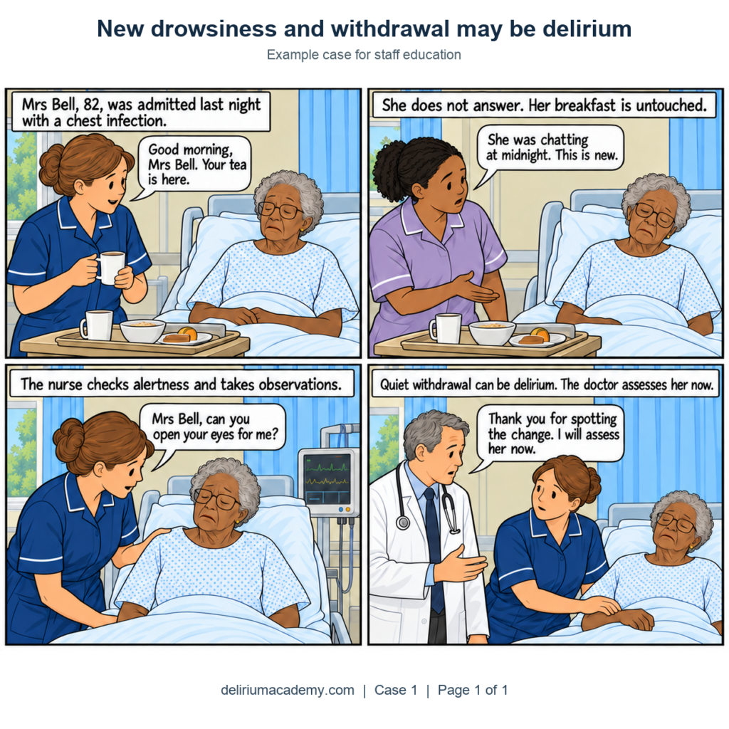 Panel 1 of 4. Mrs Bell, 82, was admitted last night with a chest infection. A nurse brings her tea: ‘Good morning, Mrs Bell. Your tea is here.’ Panel 2 of 4. She does not answer. Her breakfast is untouched. A colleague says: ‘She was chatting at midnight. This is new.’ Panel 3 of 4. The nurse checks alertness and takes observations: ‘Mrs Bell, can you open your eyes for me?’ Panel 4 of 4. Quiet withdrawal can be delirium. The doctor assesses her now: ‘Thank you for spotting the change. I will assess her now.’