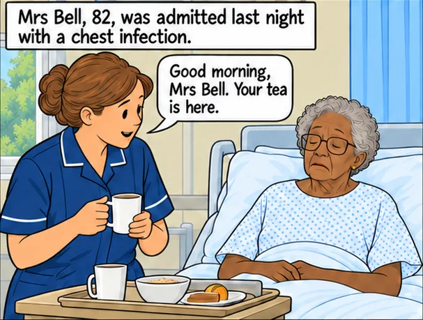 Panel 1 of 4. Mrs Bell, 82, was admitted last night with a chest infection. A nurse brings her tea: ‘Good morning, Mrs Bell. Your tea is here.’