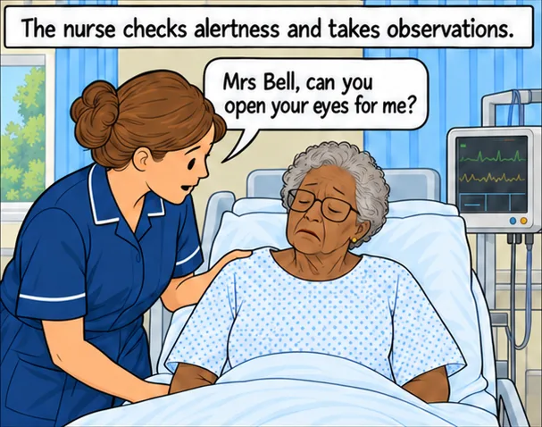 Panel 3 of 4. The nurse checks alertness and takes observations: ‘Mrs Bell, can you open your eyes for me?’